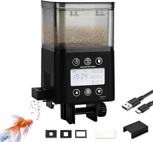 Automatic Fish Feeder for Aquarium with Timer, LCD Display 320ML Large Capacity Adjustable Fish Dispenser, Operated Feeders for Goldfish, Turtle for Vacation, Weekend or Daily Use(Black)