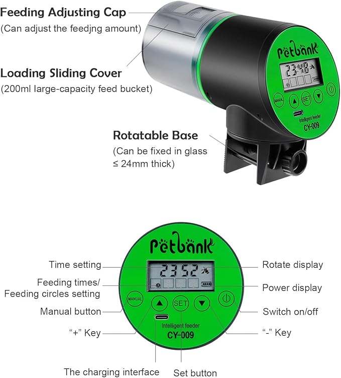 Automatic Fish Feeder for Aquariums - Rechargeable Auto Fish Food Dispenser Timer Feeder with USB Charger Cable，LCD Screen, Customized Schedule