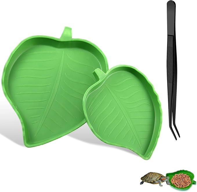 KABASI 2PCS Leaf Reptile Water Dish with Tweezers, Reptile Habitat Accessories Food Bowl, Pet Feeding Plate for Tortoise Corn Snake Bearded Dragon Snake Lizard Drinking and Eating, 2 Sizes