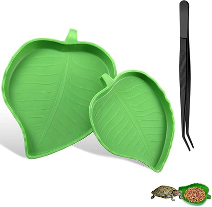 KABASI 2PCS Leaf Reptile Water Dish with Tweezers, Reptile Habitat Accessories Food Bowl, Pet Feeding Plate for Tortoise Corn Snake Bearded Dragon Snake Lizard Drinking and Eating, 2 Sizes