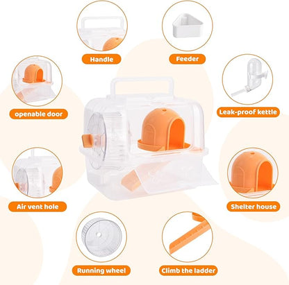 Portable Hamster Travel Carrier Cage,Outdoor Small Pets Breathable Cage,Multifunctional Guinea Pig Carrier with Water Bottles, Running Wheels, Ladders, Dodge Houses and Feeders (Orange, Style B)
