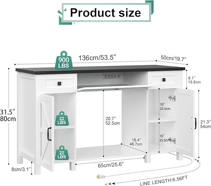 55-75 Gallon Aquarium Stand With Charging Station, Farmhouse Fish Tank Stand, Reptile Tank Stand Terrarium Stand with Drawer and Cabinet Storage, Sturdy Heavy Duty 53.5"×19.7" Tabletop - White