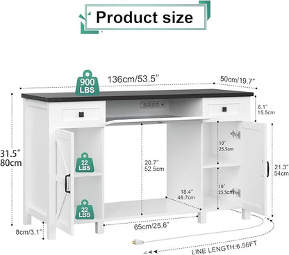 55-75 Gallon Aquarium Stand With Charging Station, Farmhouse Fish Tank Stand, Reptile Tank Stand Terrarium Stand with Drawer and Cabinet Storage, Sturdy Heavy Duty 53.5"×19.7" Tabletop - White