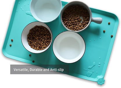 Hoki Found L Silicone Non Slip Pet Food Mats - Cat & Dog Bowl Placemats - Waterproof Feeding Mats for Carpet - Cool Mint