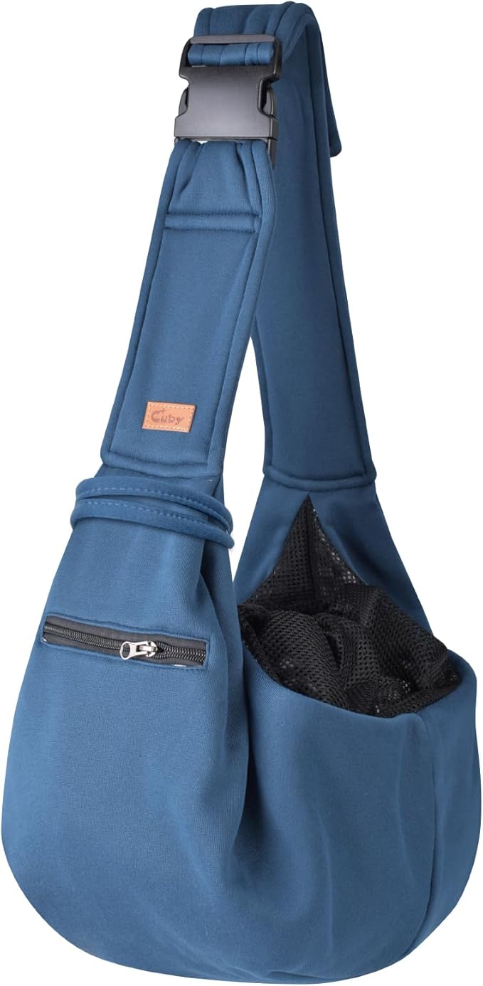 CUBY Dog and Cat Sling Carrier - Small Dog Carrier Sling with Adjust Strap & Zip Pocket, Hands Free Soft Dog Slings for Small Dogs Cats Puppy Pets Outdoor Travel Safety Purse Bag (Navy Blue)