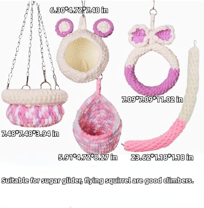5Pcs Hamster Cage Hammock Small Animals Hanging Hammocks with Squirrel Cages Accessories Hang Tunnel Swing for Sugar Glider Toys Rat Swing Jungle Set Plush Hamsters Warm Beds (Pink)