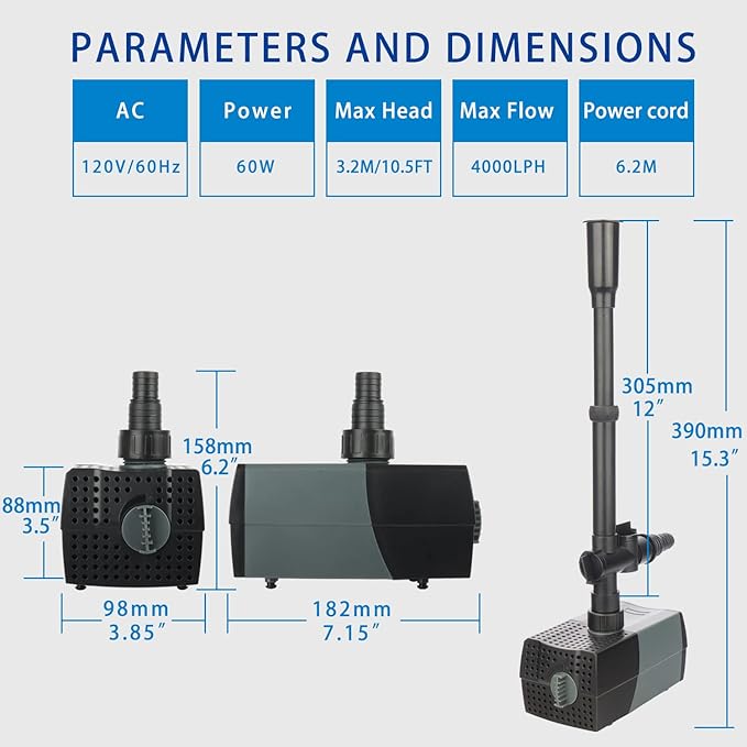 OYO WATER Pond Pumps Submersible Outdoor,1050GPH Water Fountain Pump with Fountain Kits for Small Ponds