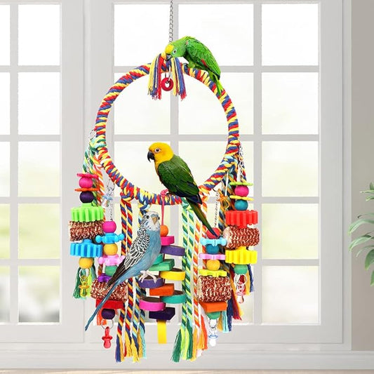 Bird Toys Bird Rope Ring Swing Perch with Corn Cob Cardboard Bagels Wooden Blocks Chewing Toys for Parakeets,Cockatiels,Conure,Lovebirds,Finches and Other Small-Sized Birds
