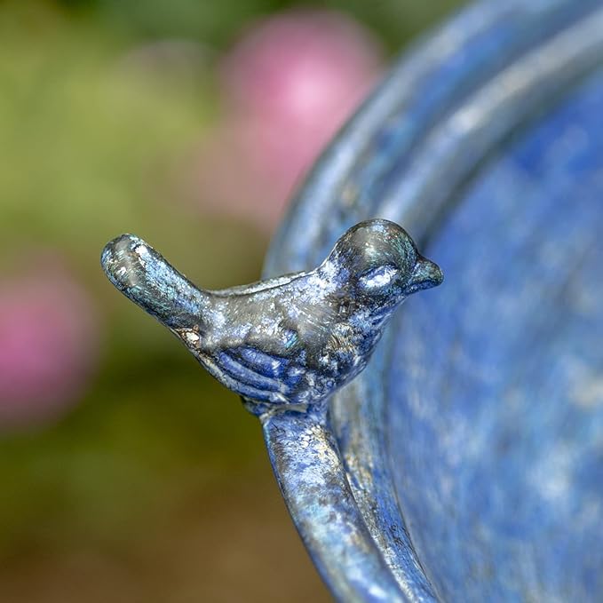 Zaer Ltd. Ornate Metal Pedestal Style Birdbath with Cast Iron Birds on Rim Full Base (Blue)