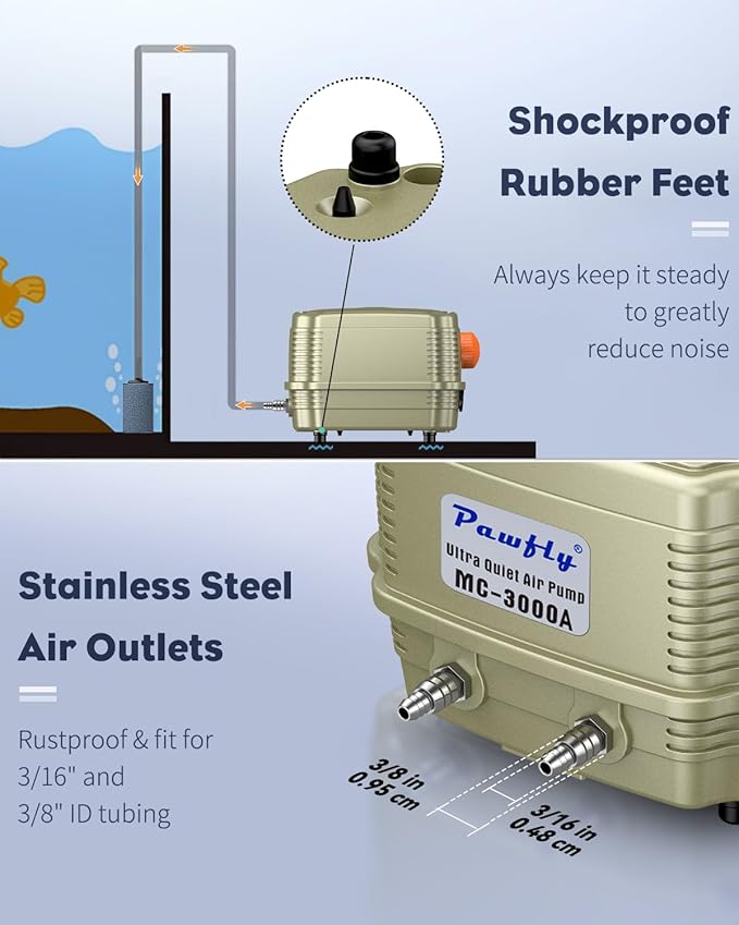 Pawfly Aquarium Air Pump 254 GPH Dual Outlets Fish Tank Air Pump for Tanks up to 300 Gallons Adjustable Quiet Oxygen Pump Fish Tank Aerator with Airline Tubing and Check Valves
