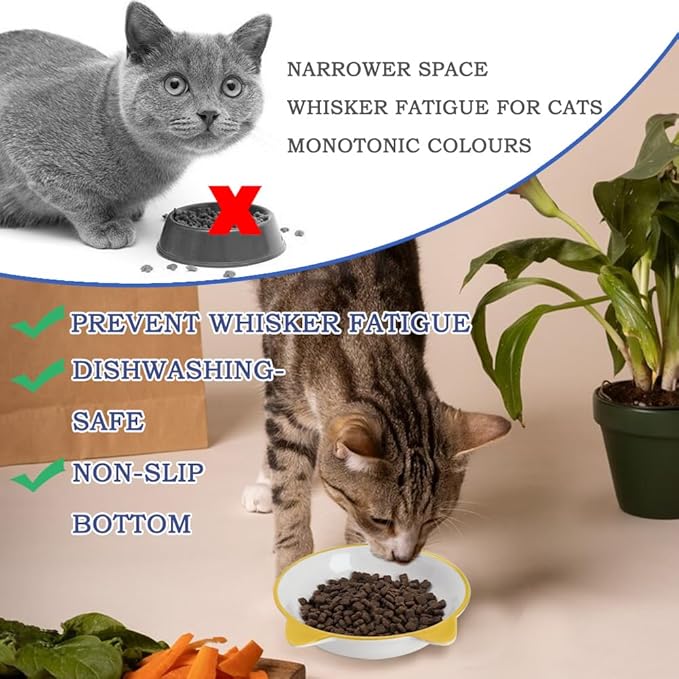 HAPPY KIT 2pcs Wide Shallow Cat Bowls,8.5oz Colorful Plate Set with Non-Slip Mat,5.7 inch Indoor Ceramic Cats Dish/Dishes Relief of Whisker Fatigue - Microwave and Dishwasher Safe