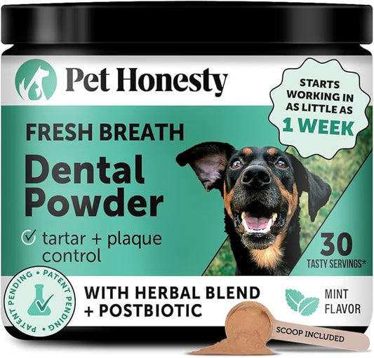 Dog Breath Freshener Dental Powder for Teeth Cleaning Plaque Off, Dental Care for Dogs, Tartar Remover for Teeth with Natural Herbal Blend + Postbiotics (Mint - 30 Servings)