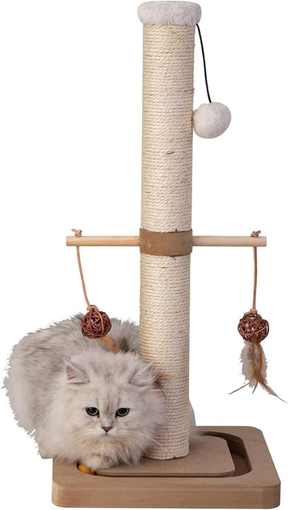 PEEKAB Cat Scratching Post Premium Sisal Scratch Posts with Tracking Interactive Toys Vertical Scratcher for Indoor Cats and Kittens- 25 inches Beige
