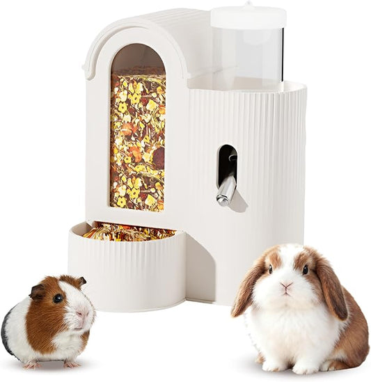 2 in 1Rabbit Food Water Dispenser, Guinea Pig Water Bottle, Large Capacity Bunny Feeder for Cages, Automatic Bunny Feeder, for Rabbit Ferrets Guinea Pigs Small Animals (White, 2 in 1)