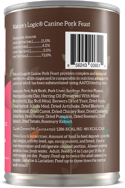Nature's Logic Grain-Free Canned Dog Food - 95% Animal Proteins - 100% Natural Wet Dog Food Cans - No Common Allergens - All Life Stages - Ideal for Sensitive Dogs - Pork (13.2 oz, 12 Pack)