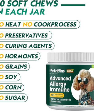 Advanced Allergy Immune Itch Relief for Dogs, Itching Skin Relief & Seasonal Allergies Support with Dog Probiotics, Astragalus Root & Mushroom, Colostrum, Turmeric, Omega 3-90ct, Chicken