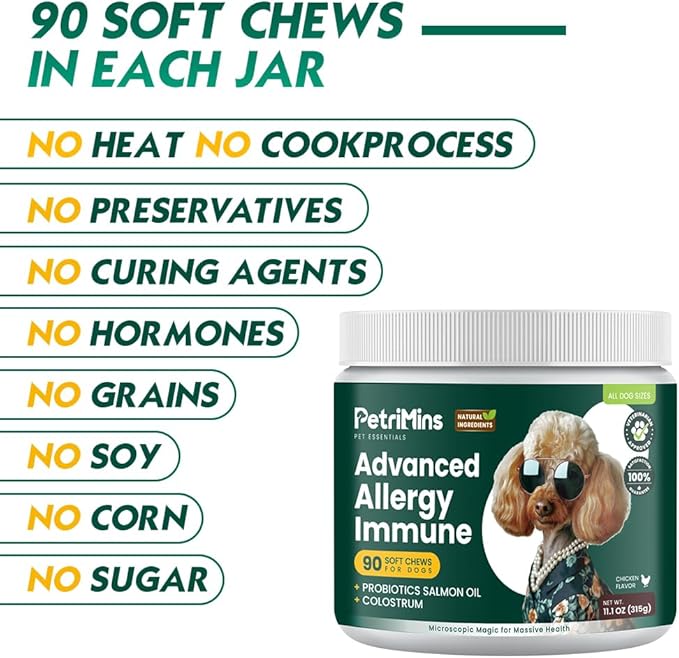 Advanced Allergy Immune Itch Relief for Dogs, Itching Skin Relief & Seasonal Allergies Support with Dog Probiotics, Astragalus Root & Mushroom, Colostrum, Turmeric, Omega 3-90ct, Chicken