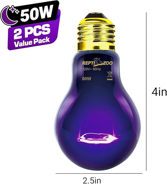 REPTI ZOO 2PCS Reptile Night Heat Lamp, 50W Moonlight Heat Bulb Infrared Heating Light Purple Reptile Heat Lamp Night Bulb for Bearded Dragon, Lizard, Snake, Turtle