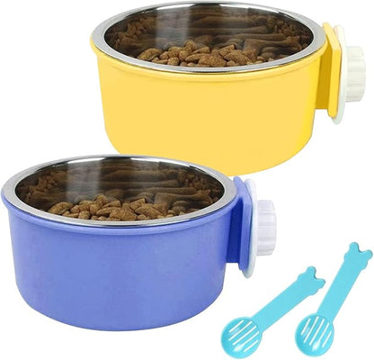 Hamiledyi 2-Pack Hanging Dog Bowls with Removable Stainless Steel Feeder - Spill-Proof Crate Bowls for Kennel/Cage, Puppy to Medium Dogs, Cats, Rabbits & Guinea Pigs (Durable Pet Food & Water Dishes)