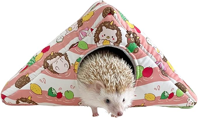 Hedgehog Fleece Corner Hideout Cave Collapsible Pet Play Toy Tunnel Tube Warm House Hidey Hut for Sugar Glider Ferret Hamster Small Animal Beds (Pink/Green)