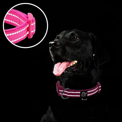 azuza Reflective Dog Collar,Soft Neoprene Padded Pet Collar with ID Tag Ring,Adjustable for Large Dogs,Hot Pink,L