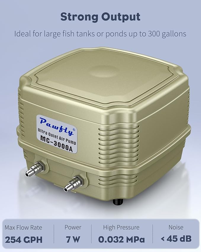 Pawfly Aquarium Air Pump 254 GPH Dual Outlets Fish Tank Air Pump for Tanks up to 300 Gallons Adjustable Quiet Oxygen Pump Fish Tank Aerator with Airline Tubing and Check Valves