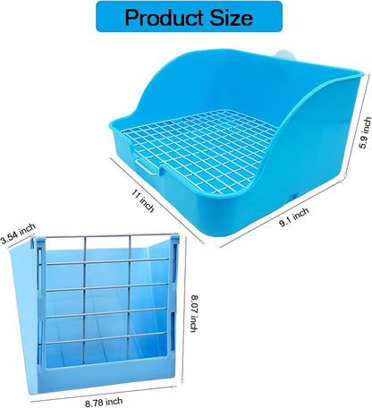 Rabbit Litter Box Bunny Potty Box Guinea Pig Hay Rack Feeder Rabbits Corner Litter Pan Potty Trainer Pet Toilet with Cleaning Set for Hamster, Guinea Pig, Ferret and Other Animals (Blue)
