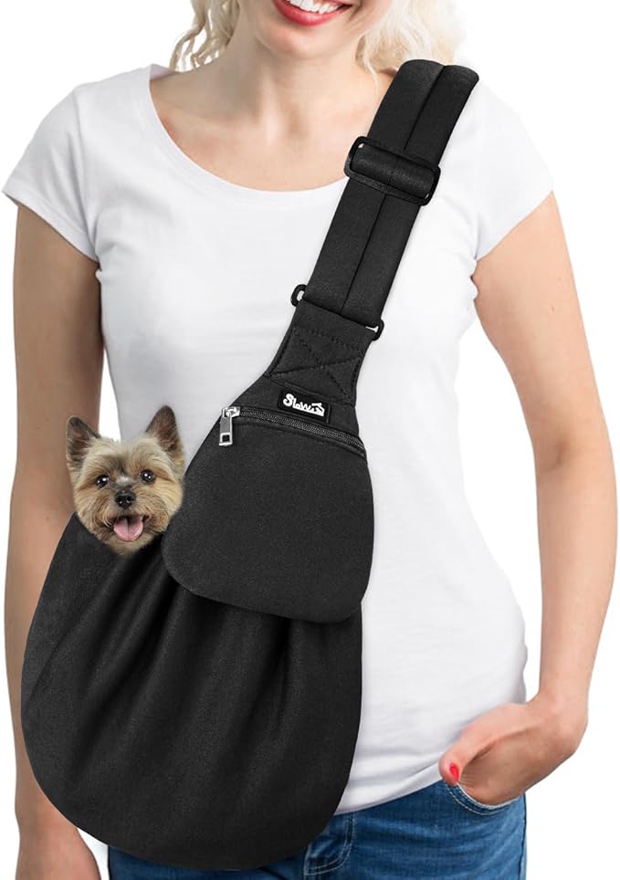Lukovee Pet Sling, Hand Free Dog Sling Carrier Adjustable Padded Strap Tote Bag, Shoulder Bag with Safety Belt & Front Pocket for Small Dog Cat Puppy (Black-WY,M)
