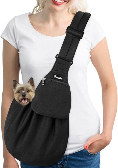 Lukovee Pet Sling, Hand Free Dog Sling Carrier Adjustable Padded Strap Tote Bag, Shoulder Bag with Safety Belt & Front Pocket for Small Dog Cat Puppy (Black-WY,M)