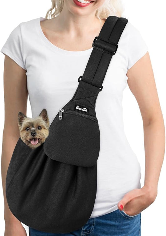 Lukovee Pet Sling, Hand Free Dog Sling Carrier Adjustable Padded Strap Tote Bag, Shoulder Bag with Safety Belt & Front Pocket for Small Dog Cat Puppy (Black-WY,M)