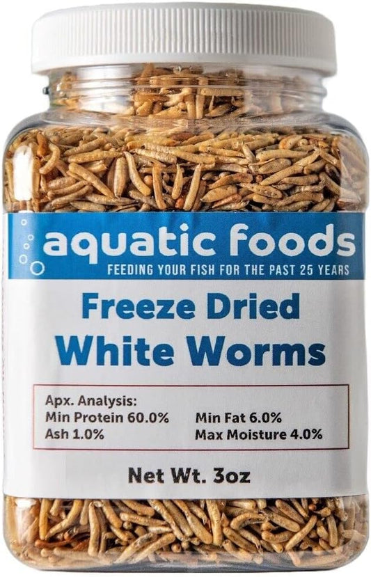 Aquatic Foods Inc. White Worms-Freeze Dried Floating White Worms for All Tropical Fish, Marine Fish, Discus, Cichlids, Koi & Pond Fish, Turtles…3oz Small Jar