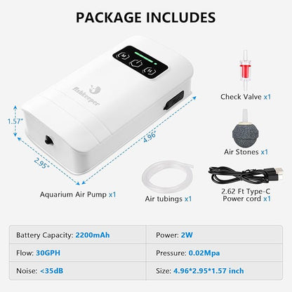 fishkeeper Rechargeable Aquarium Air Pump, Aerator Fish Tank Air Pump Up to 60 Gallons Portable Battery Powered Oxygen Pump with Clip for Most Bait Buckets, Power Outages and Emergency (2W 30GPH)