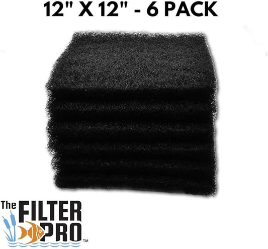Black Coarse Filter Media, 1.25" Thick, 12" x 12" Pads, 6 Pack, Perfect for Aquariums, Ponds or Water Gardens, Made in USA
