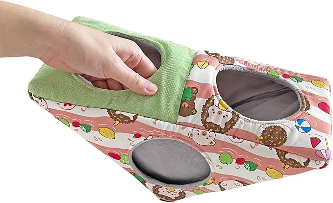 Hedgehog Fleece Corner Hideout Cave Collapsible Pet Play Toy Tunnel Tube Warm House Hidey Hut for Sugar Glider Ferret Hamster Small Animal Beds (Pink/Green)
