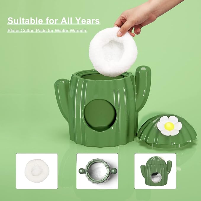 BUCATSTATE Hamster Hideout Ceramic - Cactus Shape Hamster House and Habitats Cool Bed Ideal for Summer Dwarf Hamster Gerbil Mice Golden Bear (Green-Large)