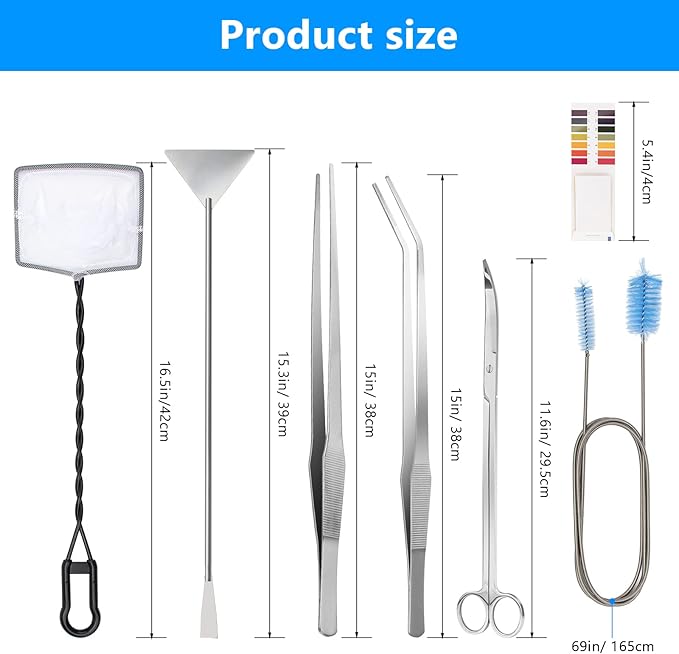 Extra Long Aquarium Aquascaping Tools Kit 8 in 1, Liveek Stainless Steel Aquarium Plant Tools Long Fish Tank Aquascape Tweezers Scissors Scrapers, PH Paper, Fish Net, Aquascape Clean Brush, Bag
