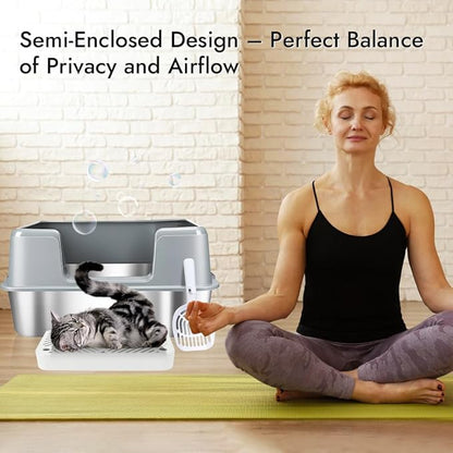 Vivifying Stainless Steel Cat Litter Box, Large Semi-Enclosed Litter Box with Lid, Anti-Leakage Metal Pan for Easy Cleaning & Odor Control (Gray)