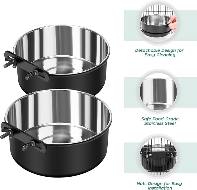 Dog Crate Water Bowl No Spill, 2 Pack Dog Crate Bowls Hanging, Kennel Water Food Bowls Mountable, Pet Cage Accessories Feeder Dish, Large Stainless Steel Coop Cup for Cat Puppy Bunny Guinea Pig Ferret