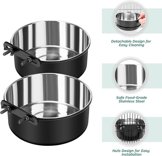 Dog Crate Water Bowl No Spill, 2 Pack Dog Crate Bowls Hanging, Kennel Water Food Bowls Mountable, Pet Cage Accessories Feeder Dish, Large Stainless Steel Coop Cup for Cat Puppy Bunny Guinea Pig Ferret