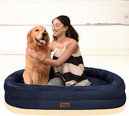 Orthopedic Waterproof Large Dog Bed: Memory Foam Washable Dog Bed with Bolsters - Removable Orthopedic Cover for Medium L XL Large Sized Pet - Non-Slip Bottom - Navy