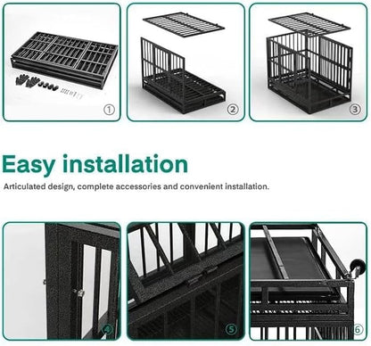 Oranland 48/38 Inch Heavy Duty Indestructible Dog Crate Cage Kennel with Wheels, High Anxiety Dog Kennel, Sturdy Locks, Double Door and Removable Tray Design, Extra Large XL Dog Crate.