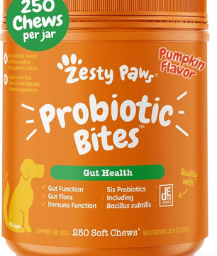 Zesty Paws Probiotics for Dogs, Digestive Enzymes Gut Flora, Digestive Health, Diarrhea & Bowel Support, DE111, Dog Probiotic Soft Chew for Pet Immune System, Pumpkin, 250 Ct