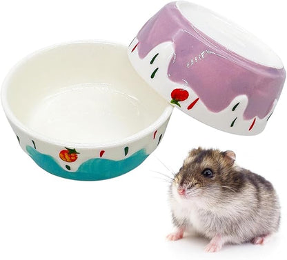 2 Pack Hamster Food Bowl Small Animals Ceramic Food Water Bowl Prevent Tipping Moving for Gerbil Chinchilla Hedgehog Rat (Color: Purple + Blue)