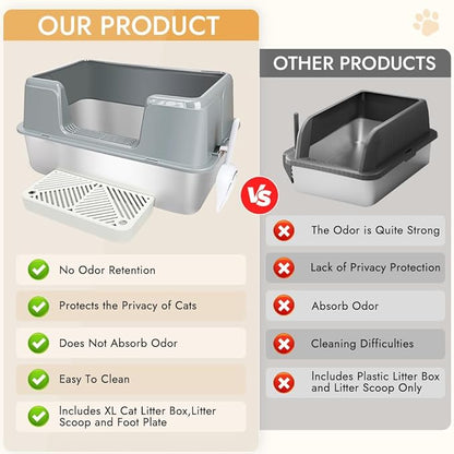 Vivifying XL Stainless Steel Cat Litter Box, High Side Metal Litter Pan with Scoop and Footboard for Big Cats, Kittens, Rabbits and Hamsters, Easy Cleaning Design (Gray)