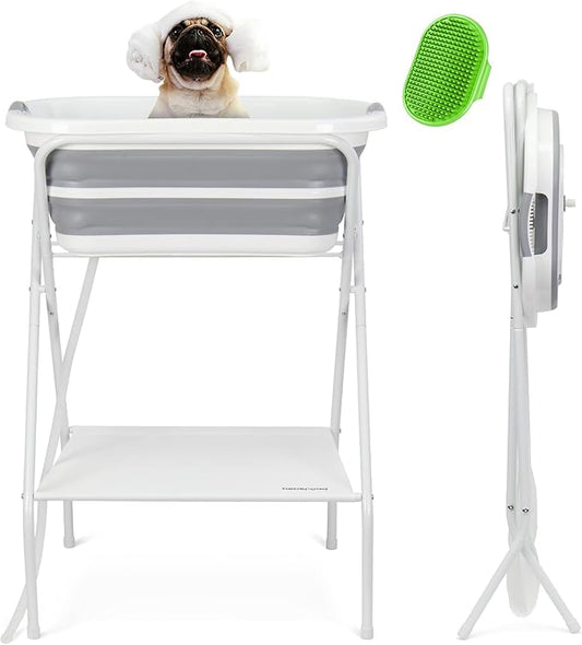 B1 2 in 1 Dog Bath Tub Dog Washing Station with Bath Brush for Bathing and Grooming, Elevated Collapsible Foldable Portable Shower Bathtub for Small Dogs Cats Pet, Indoor and Outdoor