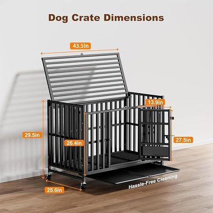 Upgraded 43.8 inch Heavy Duty Dog Crate, Reinforced Thickened Steel Frame Indestructible Kennel for Large & High Anxiety Dogs, Escape Proof Design with 3 Doors, 4 Lockable Wheels and 2 Removable Trays