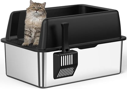 Zarler Stainless Steel Litter Box with Lid, 8” Deep Extra Large Cat Litter Boxes, XL Metal Litter Box for Big Cats with High Sided, Black (Non-Sticky, Easy to Clean, Anti-Urine Leakage)