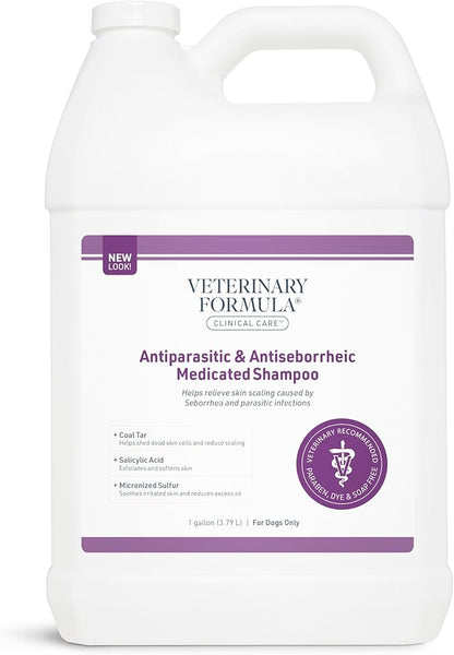 Veterinary Formula Clinical Care Antiparasitic & Antiseborrheic Medicated Dog Shampoo, 128oz – Help Alleviate Your Dog's Flaky Skin and Coat – Paraben, Dye, Soap Free