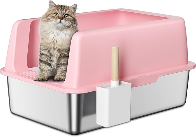 Zarler Stainless Steel Litter Box with Lid, Extra Large Cat Litter Boxes, XL Large Metal Litter Box for Big Cats with High Sided, Pink (Non-Sticky, Easy to Clean, Anti-Urine Leakage)