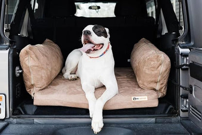 Barker Beds Orthopedic Dog Bed for SUV (Medium, Khaki) - Memory Foam Travel Mattress for Medium Dogs - Machine Washable Cover & Headrest - Joint Support - Made in USA